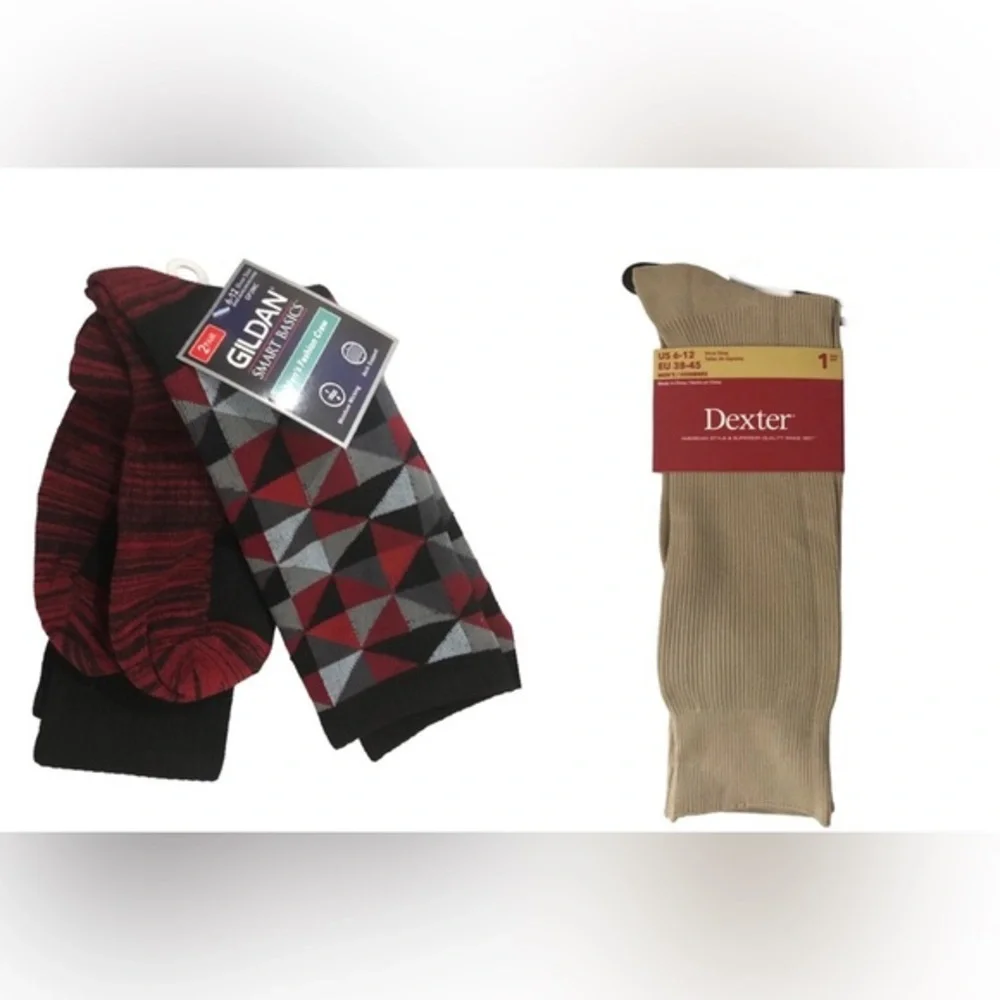6pc Men’s socks-2sets red black Gildan smart basics, 1set tan Dexter dress socks